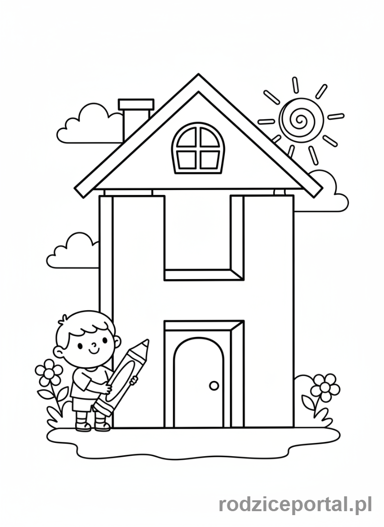 Kolorowanka Litery Drukowane - Litera H, dom