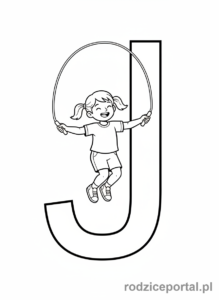 Kolorowanka Litery Drukowane - Litera J, dziewczynka skacze