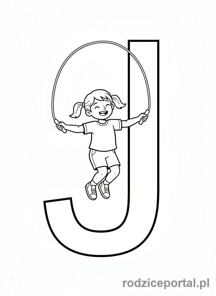 Kolorowanka Litery Drukowane - Litera J, dziewczynka skacze