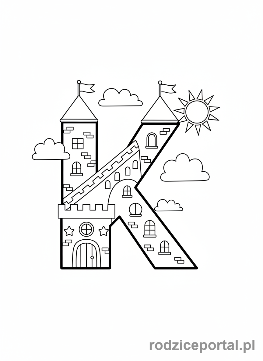 Kolorowanka Litery Drukowane - Litera K, zamek
