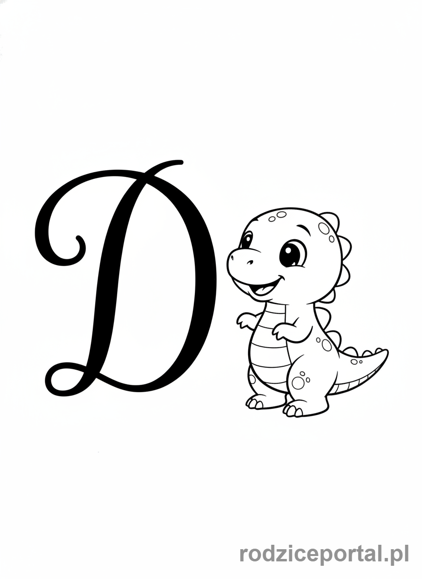 Kolorowanka Litery Pisane - Litera D z dinozaurem