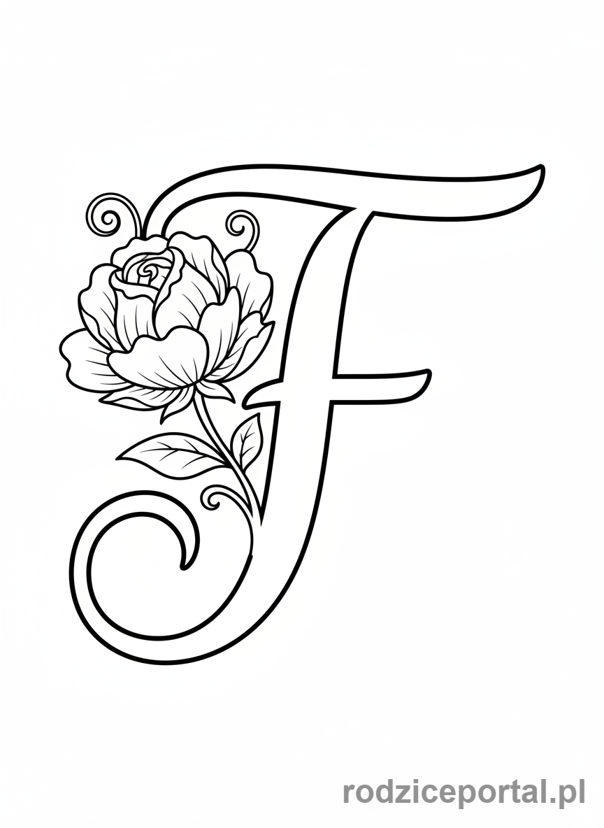 Kolorowanka Litery Pisane - Litera F z kwiatkiem