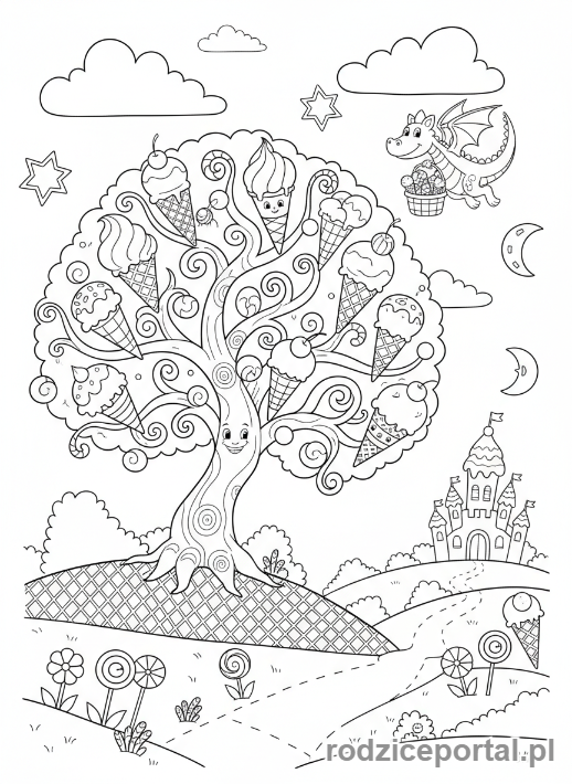 Kolorowanka Lody - Lody na drzewie