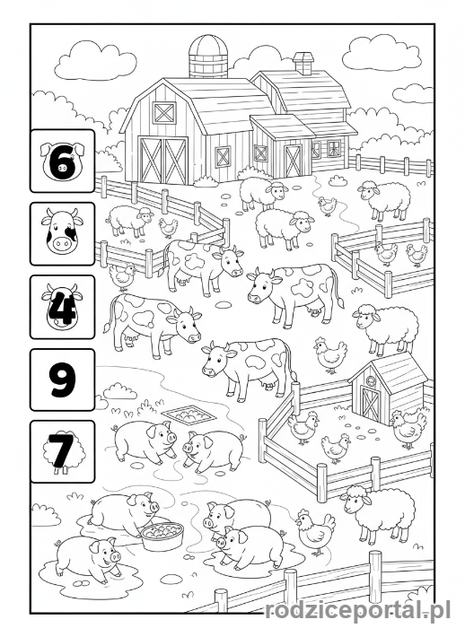 Kolorowanka Logiczne Dla Dzieci - Policz zwierzęta na farmie