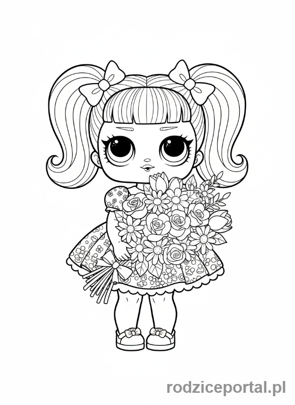 Kolorowanka Lol - Lalka L.O.L. trzymająca bukiet kwiatów