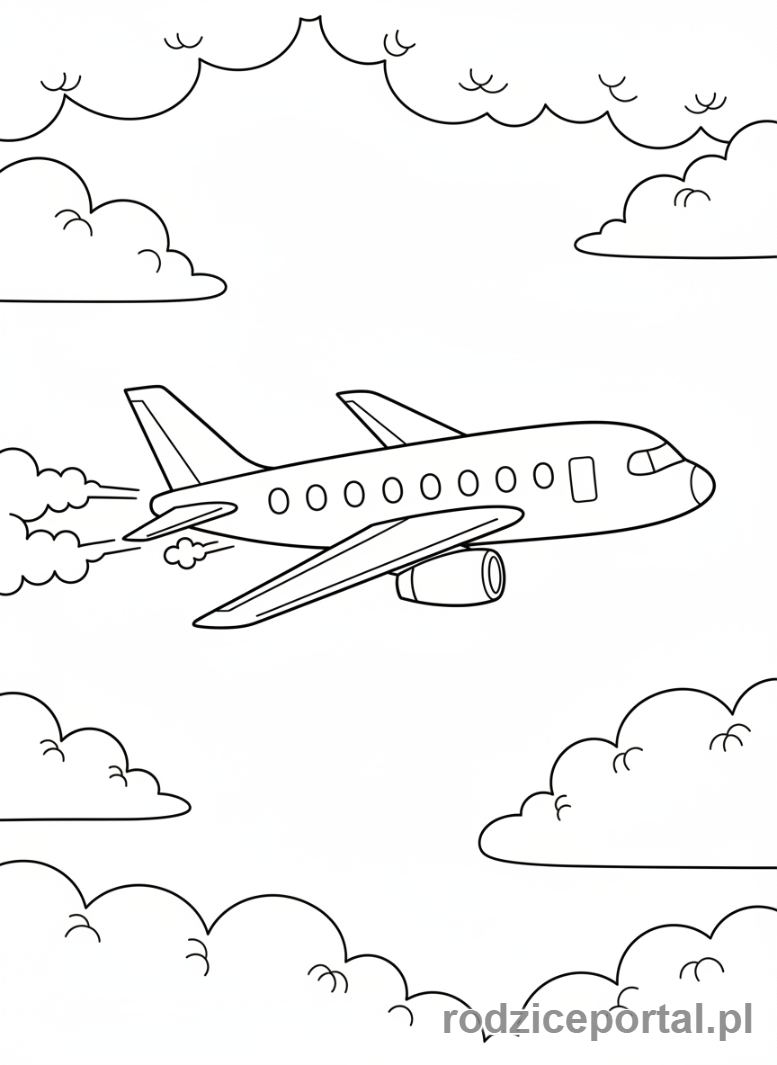 Kolorowanka Lot Samolotem - Duży samolot pasażerski lecący wysoko na niebie.