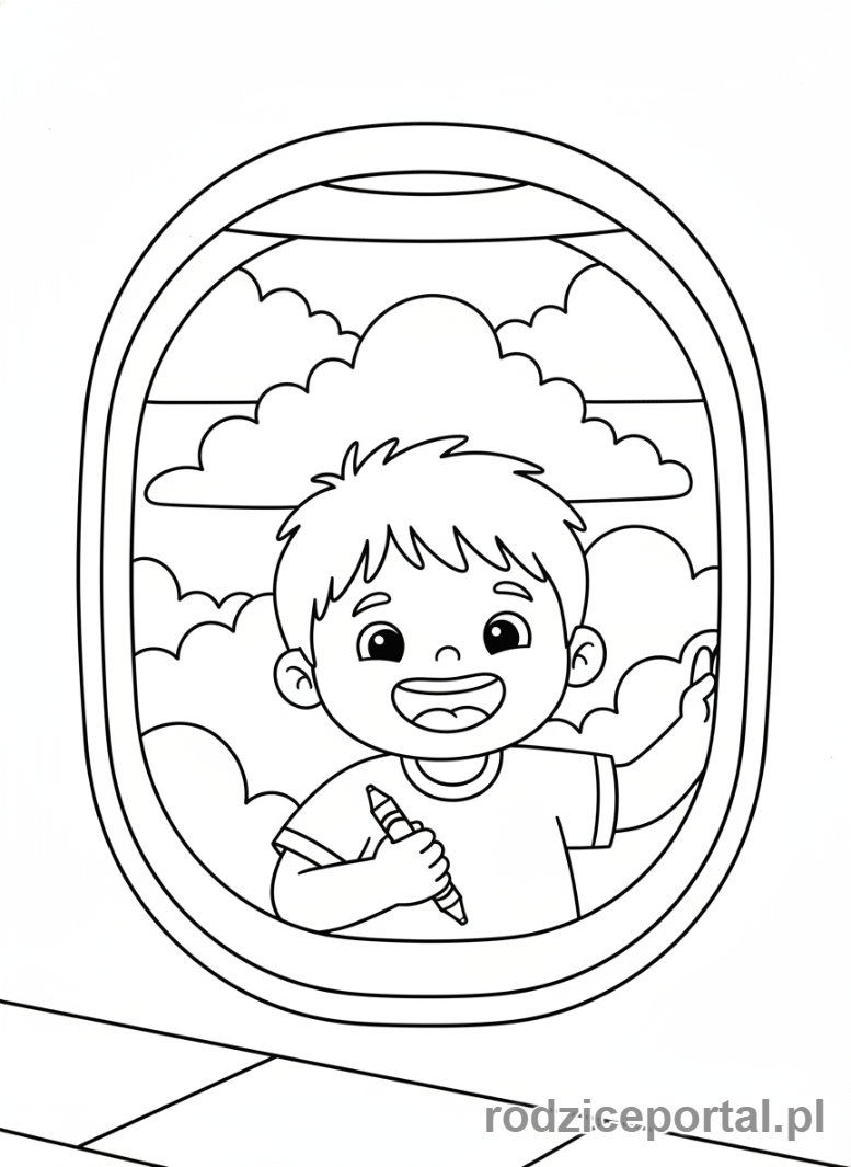 Kolorowanka Lot Samolotem - Dziecko podróżujące samolotem, wyglądające przez okno.