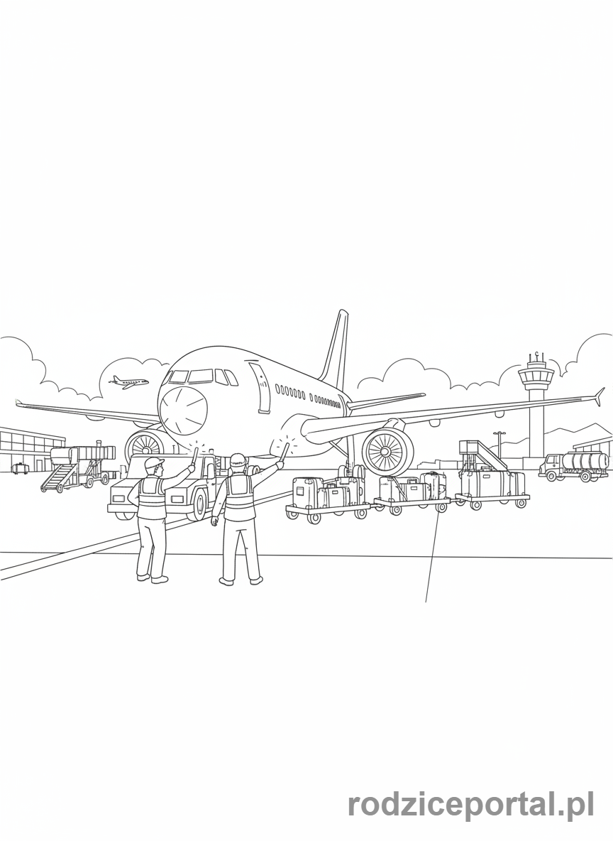 Kolorowanka Lot Samolotem - Obsługa lotniska kierująca samolot na płycie.