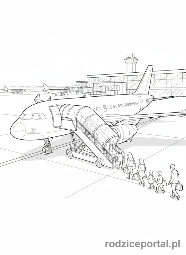Kolorowanka Lot Samolotem - Pasażerowie wchodzący na pokład samolotu.