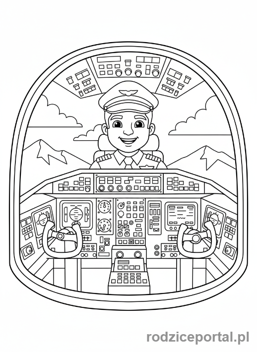 Kolorowanka Lot Samolotem - Pilot w kokpicie samolotu, uśmiecha się.