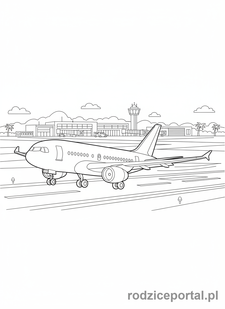 Kolorowanka Lot Samolotem - Samolot lądujący na pasie startowym.