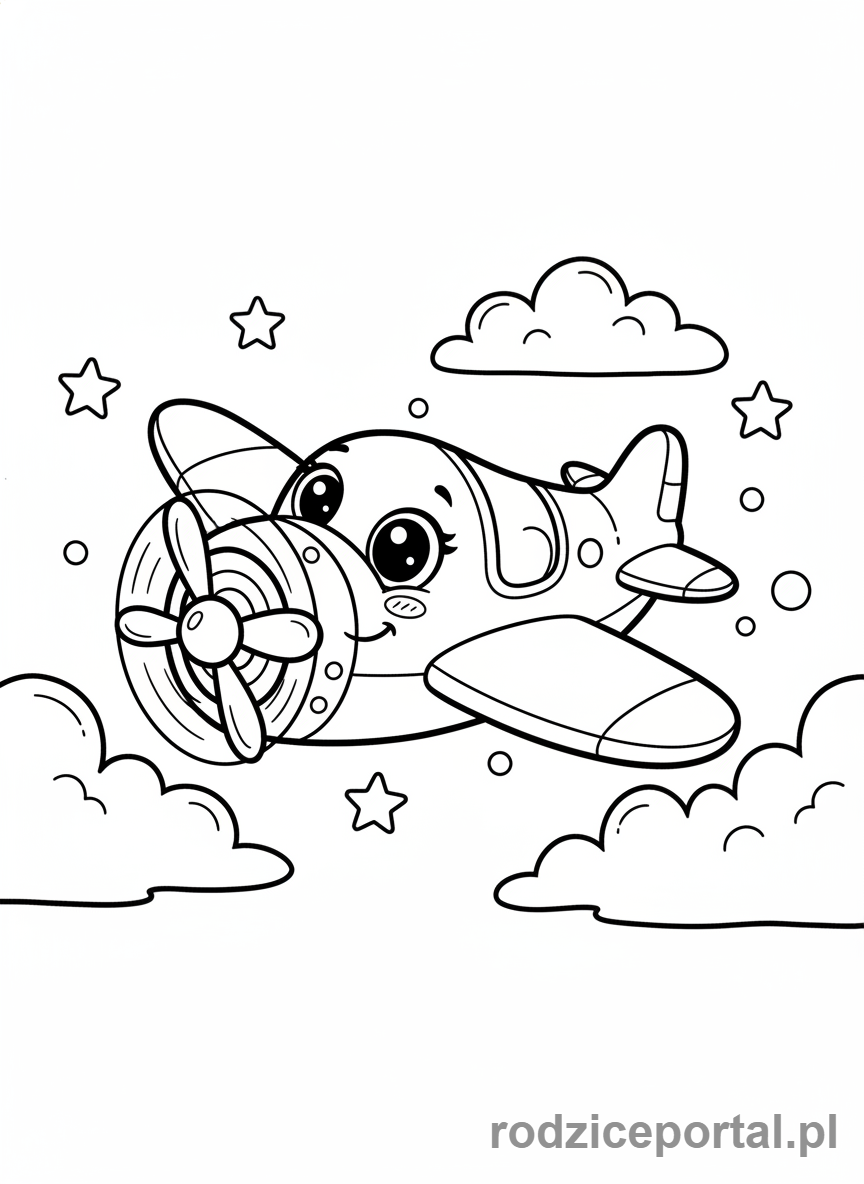 Kolorowanka Lot Samolotem - Uśmiechnięty, kreskówkowy samolot latający na tle słońca.