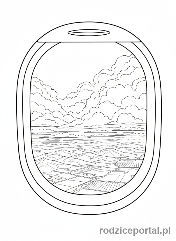 Kolorowanka Lot Samolotem - Widok z okna samolotu na chmury i krajobraz.