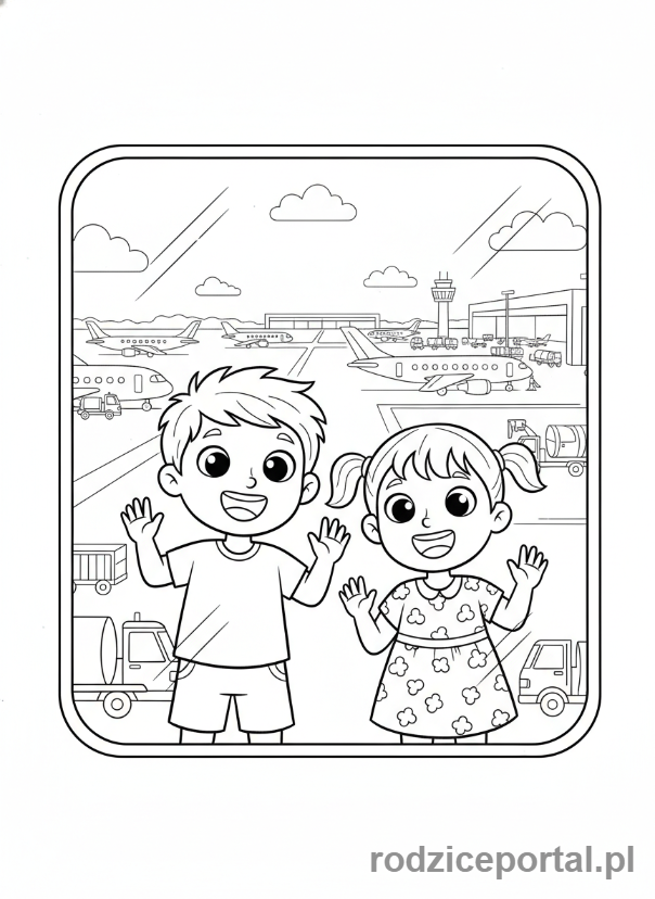Kolorowanka Lotnisko - Dzieci obserwujące samoloty