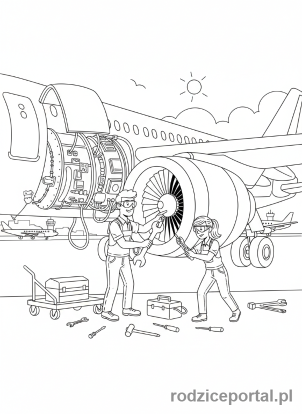 Kolorowanka Lotnisko - Mechanicy przy silniku samolotu