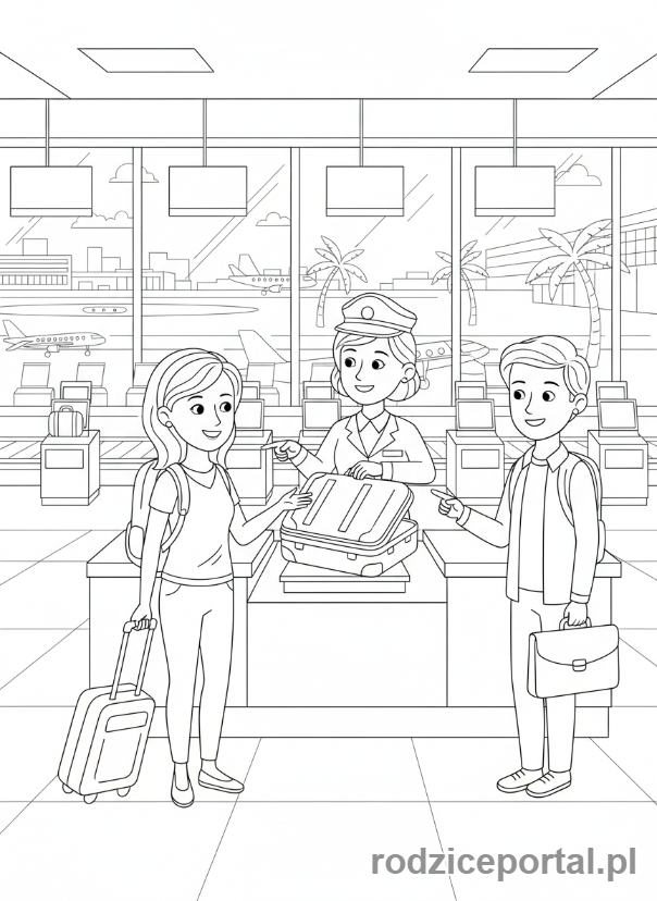Kolorowanka Lotnisko - Pasażerowie przy odprawie