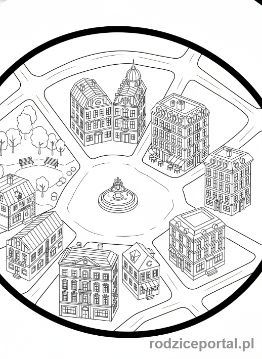 Kolorowanka Mapa Miasta - Mapa centrum miasta z rynkiem