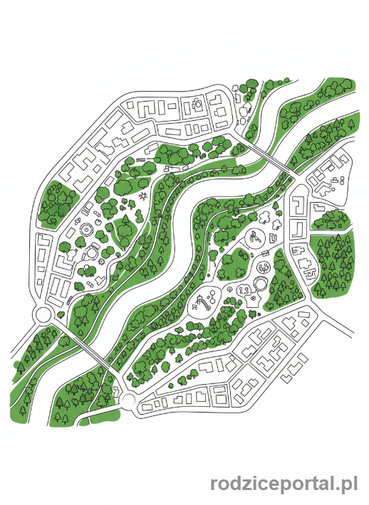 Kolorowanka Mapa Miasta - Mapa miasta z parkami i rzeką
