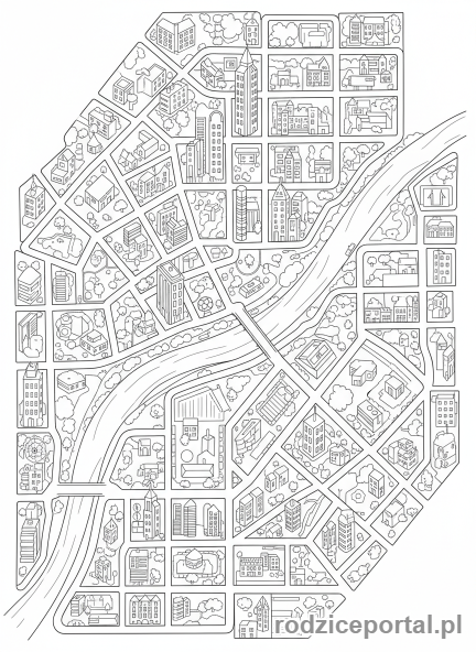 Kolorowanka Mapa Miasta - Mapa miasta z ulicami i budynkami