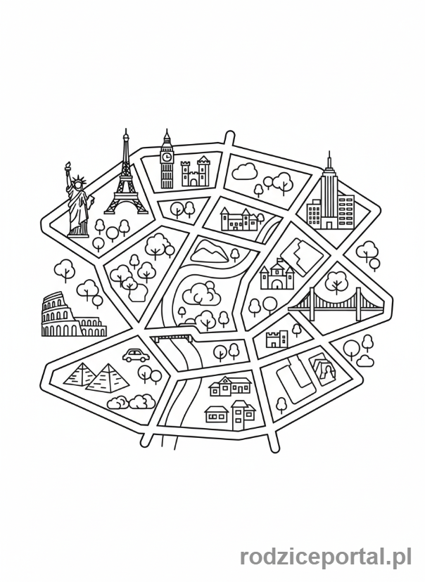 Kolorowanka Mapa Miasta - Mapa z ikonami słynnych budowli