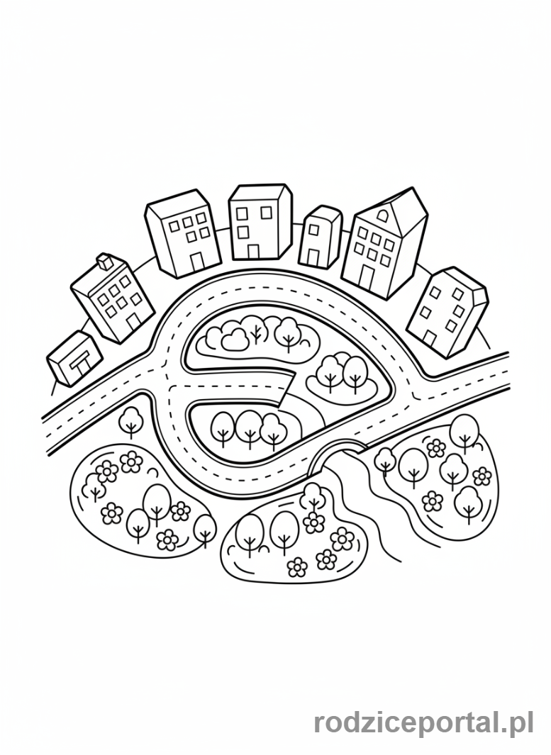Kolorowanka Mapa Miasta - Uproszczona mapa miasta dla dzieci