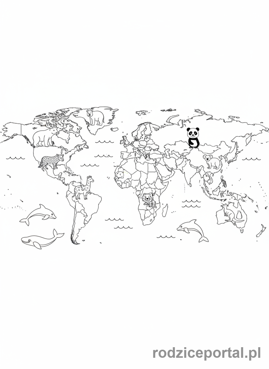 Kolorowanka Mapy - Mapa świata ze zwierzętami