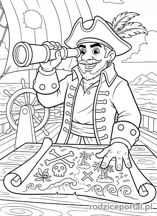 Kolorowanka Mapy - Pirat nawigujący mapę