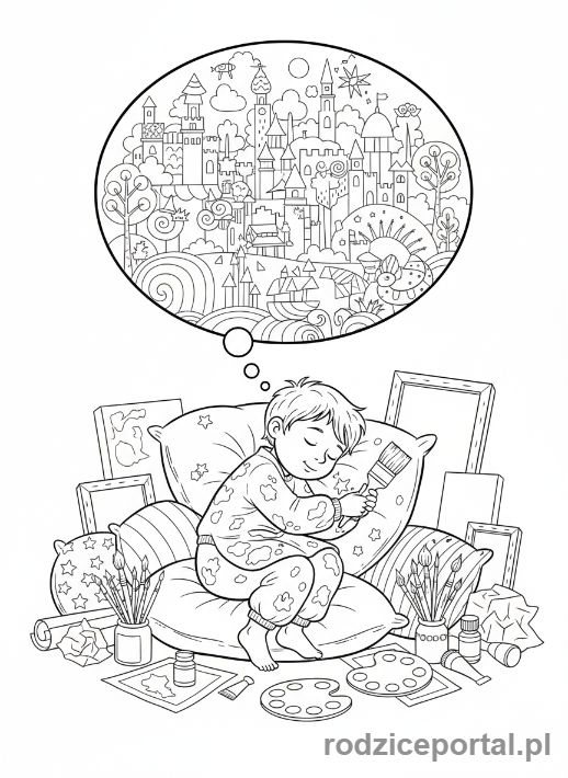 Kolorowanka Marzenia - Artysta śni o dziele