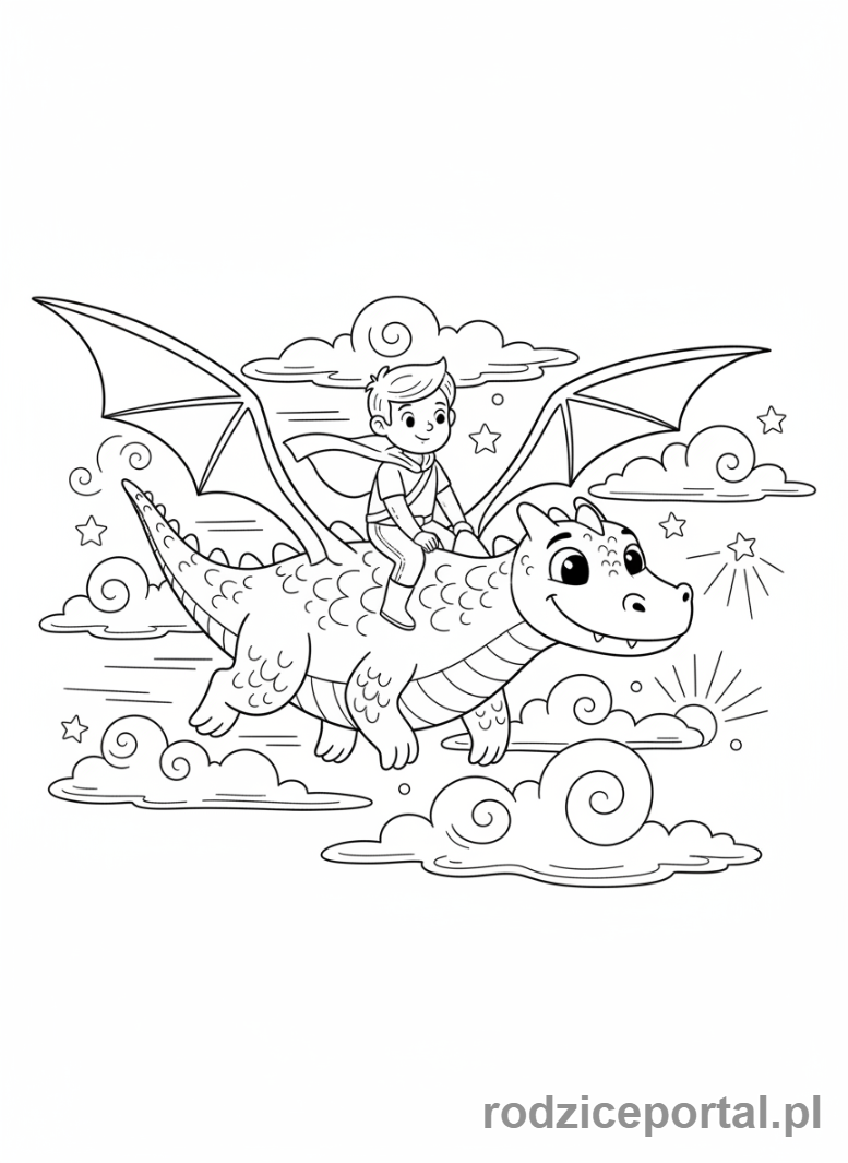 Kolorowanka Marzenia Dzieci - Dziecko jadące na smoku