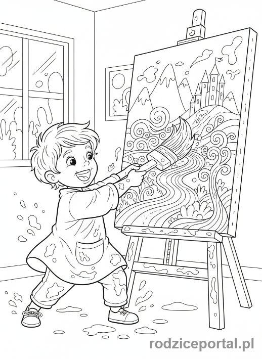 Kolorowanka Marzenia Dzieci - Dziecko malarz przy sztalugach