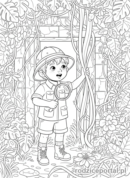 Kolorowanka Marzenia Dzieci - Dziecko odkrywca w dżungli