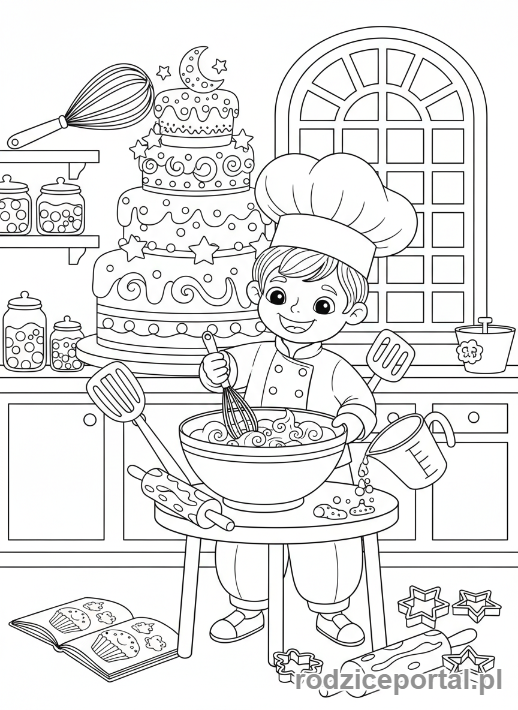 Kolorowanka Marzenia Dzieci - Mały kucharz piekący ciasto