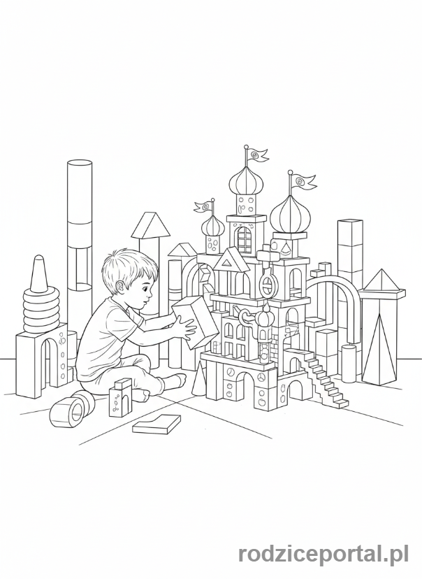 Kolorowanka Marzenia - Dziecko budujące dom marzeń