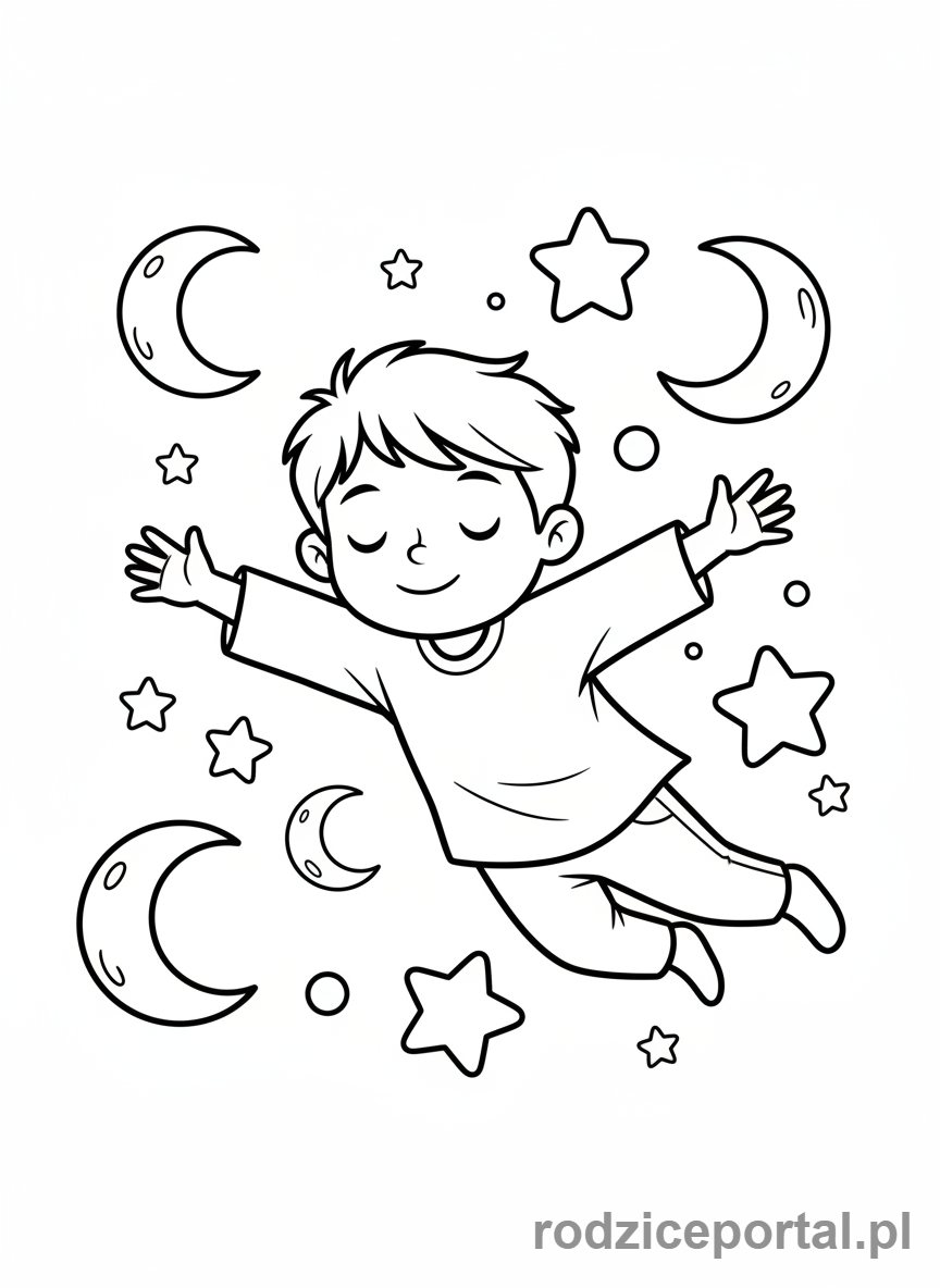 Kolorowanka Marzenia - Dziecko lata wśród gwiazd