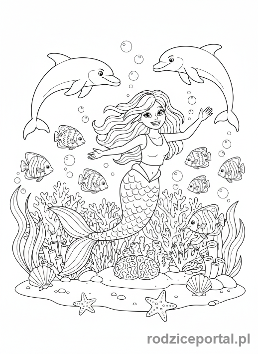 Kolorowanka Marzenia - Syrenka wśród morskich stworzeń