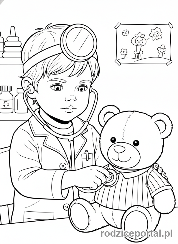 Kolorowanka Marzenia Zawodowe - Dziecko lekarz bada misia
