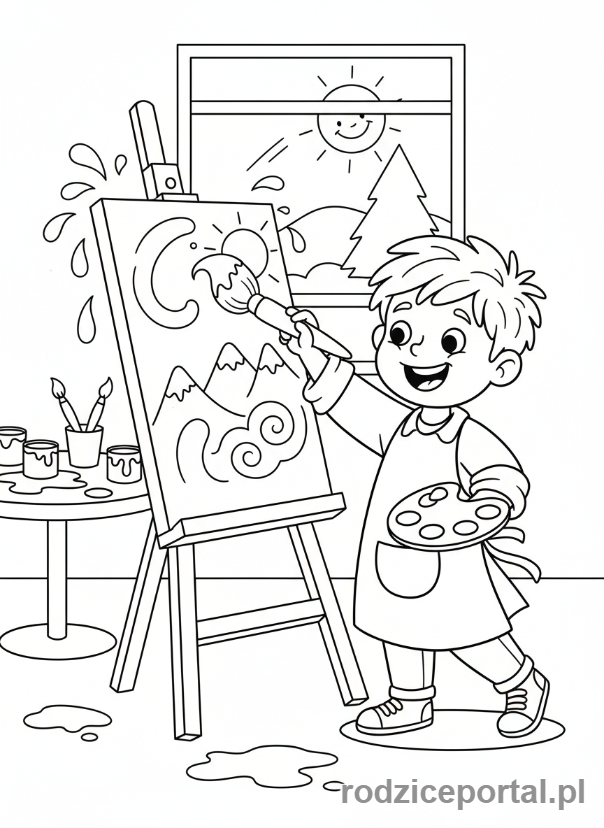 Kolorowanka Marzenia Zawodowe - Dziecko malarz przy sztaludze