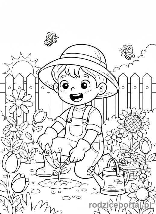 Kolorowanka Marzenia Zawodowe - Mały ogrodnik sadzi kwiaty