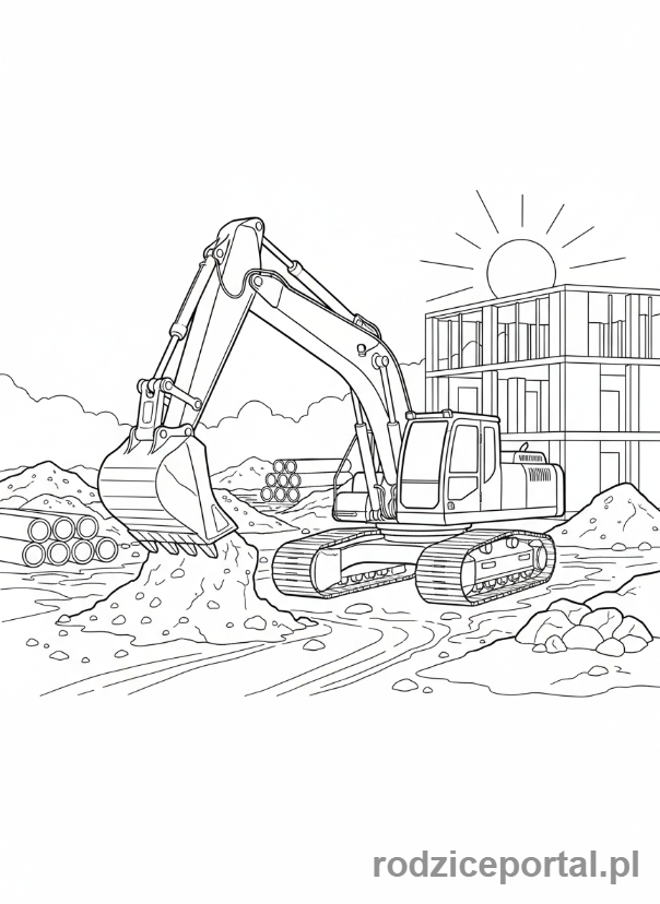 Kolorowanka Maszyny - Wielka koparka na placu budowy