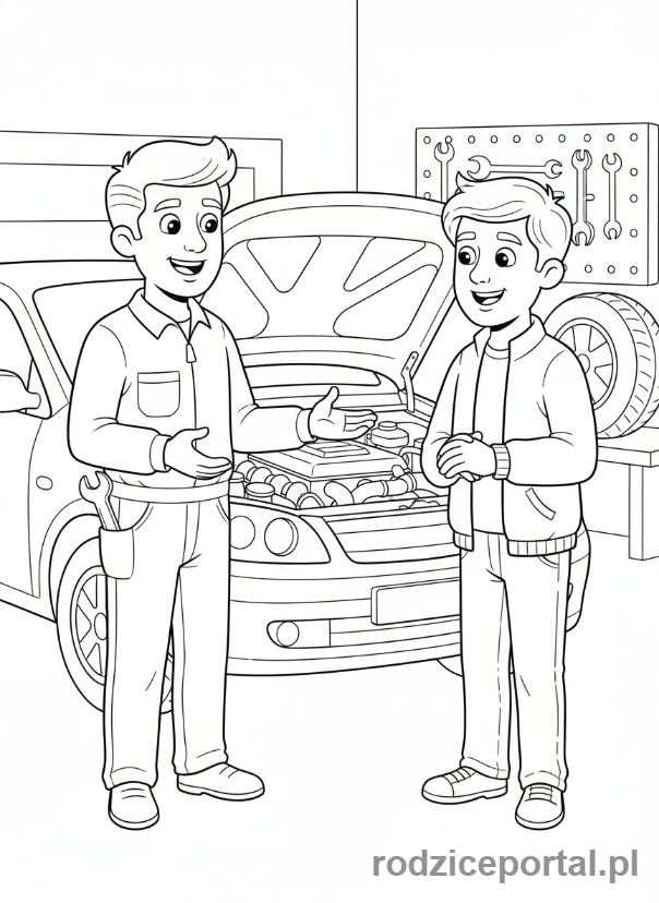 Kolorowanka Mechanik - Mechanik rozmawia z klientem