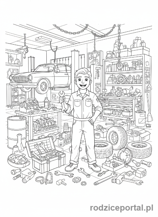 Kolorowanka Mechanik - Mechanik w warsztacie