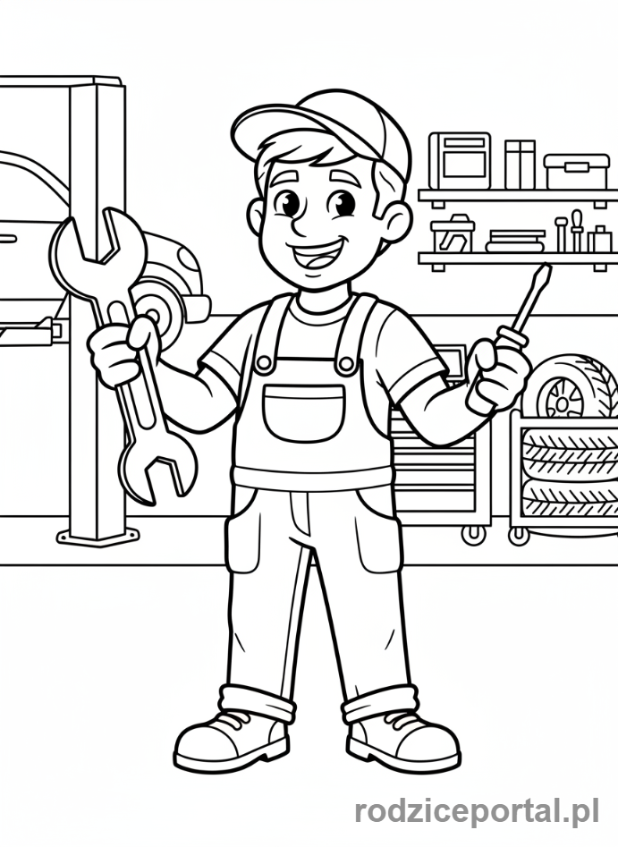 Kolorowanka Mechanik - Mechanik z narzędziami