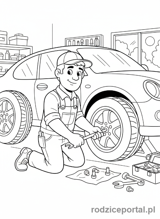 Kolorowanka Mechanik - Mechanik zmienia koło