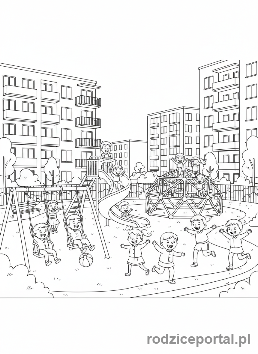 Kolorowanka Miasto - Dzieci na placu zabaw
