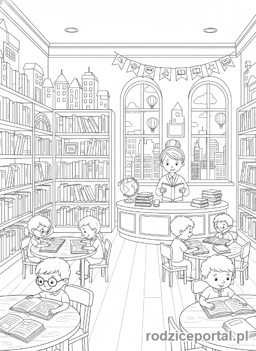 Kolorowanka Miasto Edukacyjne - Dzieci w bibliotece