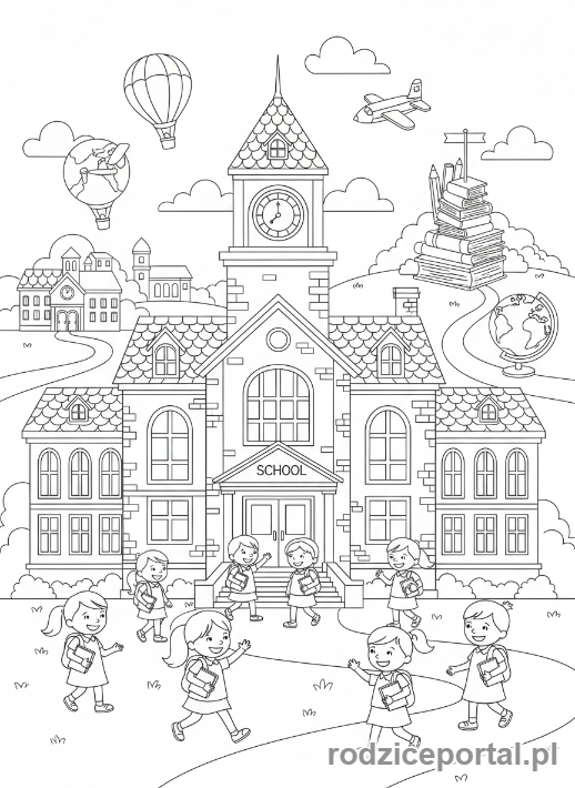 Kolorowanka Miasto Edukacyjne - Szkoła i uczniowie