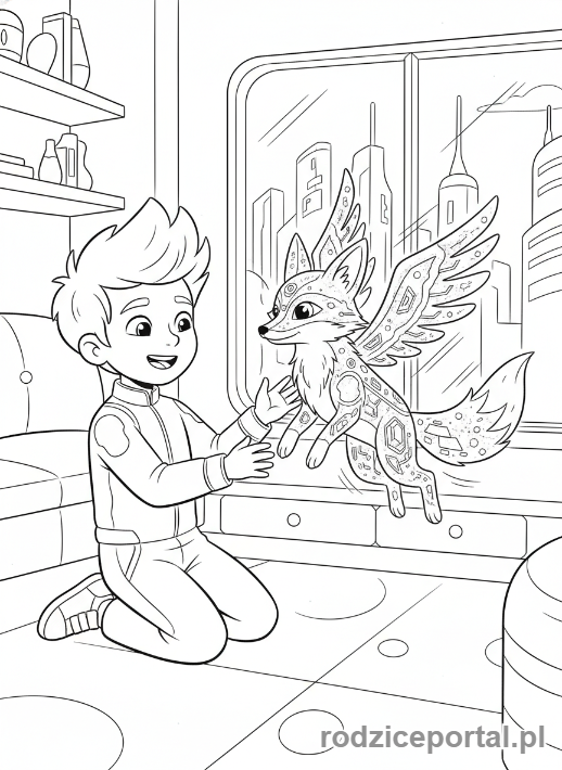 Kolorowanka Miasto Przyszłości - Dziecko z holograficznym zwierzakiem