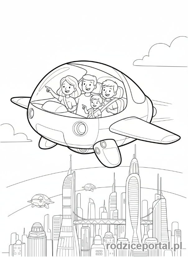Kolorowanka Miasto Przyszłości - Latajacy samochod rodzinny