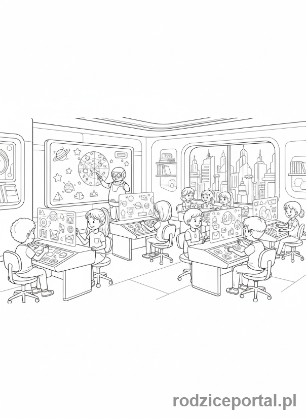Kolorowanka Miasto Przyszłości - Lekcja w szkole przyszlosci