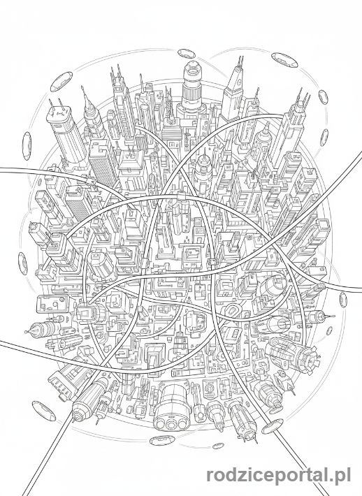 Kolorowanka Miasto Przyszłości - Miasto noca z lotu ptaka